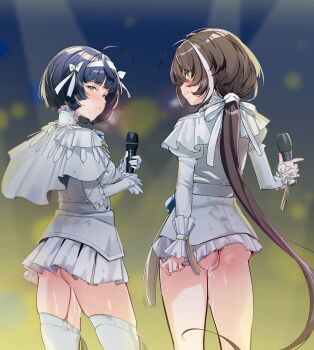 2girls aftersex ahoge aru_(sinsekai) ass asu_(sinsekai) blue_hair blurry blush bokeh bow brown_hair capelet clenched_teeth commission cowboy_shot cum cum_in_pussy depth_of_field from_behind gloves green_eyes hair_bow hairband high_collar highres holding holding_microphone juliet_sleeves kamitsubaki_studio legs_apart light_frown long_hair long_sleeves looking_at_viewer looking_back low-tied_long_hair microphone microskirt miniskirt multicolored_hair multiple_girls nanaichi no_panties pleated_skirt profile public_indecency public_vibrator puffy_sleeves pussy_juice pussy_juice_trail second-party_source sex_toy shirt short_hair side-by-side sideways_glance sinsekai_record skirt sleeves_past_wrists stained_clothes standing streaked_hair teeth thighhighs vibrator vibrator_in_thighhighs vibrator_under_clothes virtual_youtuber white_bow white_capelet white_gloves white_hair white_hairband white_shirt white_skirt white_thighhighs yellow_eyes