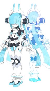1girl absurdres armor blue_hair cheri_zao commission hair_over_eyes hashtag-only_commentary headgear highres long_hair multiple_views original robot_girl simple_background white_armor white_background