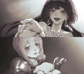 2bmm2 2girls absurdres alternate_costume armor armored_gloves astra_yao bare_shoulders black_hair blonde_hair blush commentary_request earrings evelyn_chevalier eyes_visible_through_hair fingernails gold_hairband hairband half-closed_eyes highres jewelry knight long_hair mole mole_under_eye multiple_girls nail_polish necklace offering_hand open_mouth uneven_bangs upper_body yuri zenless_zone_zero