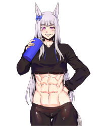 Rule 34 | 1girl, abs, absurdres, alternate costume, animal ears, black leggings, blush, bottle, bow, breasts, commentary request, cowboy shot, cropped shirt, ear bow, gold ship (umamusume), grin, hand on own hip, highres, holding, holding bottle, horse ears, horse girl, horse tail, leggings, long hair, long sleeves, midriff, minew, muscular, muscular female, navel, purple bow, purple eyes, simple background, smile, solo, sweat, tail, thigh gap, umamusume, white background