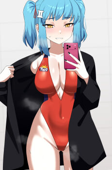 1girl aqua_hair black_jacket blush breasts brown_eyes cleavage eyebrows_hidden_by_hair full-face_blush gluteal_fold grey_background groin highleg highleg_one-piece_swimsuit highres holding holding_phone jacket large_breasts medium_hair nail_polish one-piece_swimsuit open_mouth original peps_art phone red_one-piece_swimsuit short_twintails simple_background solo steaming_body sweat swimsuit twintails