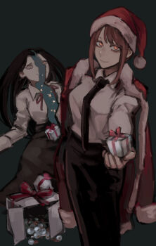 Rule 34 | 2girls, black dress, black hair, black necktie, black pants, breasts, chainsaw man, christmas, collared shirt, dress, eyeball, gift, green background, hat, highres, holding, holding gift, jacket, jacket on shoulders, long hair, looking at viewer, makima (chainsaw man), medium breasts, medium hair, multiple girls, nakano (2 mannaka), necktie, orange eyes, pants, princi (chainsaw man), red hair, red ribbon, ribbon, santa costume, santa hat, shirt, sidelocks, smile, white shirt, yellow eyes