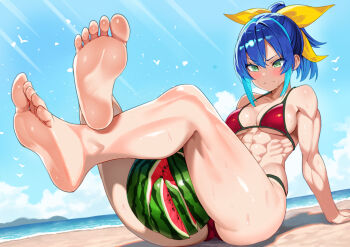 1girl abs ass beach bikini blue_hair breasts commission crushing curvy food fruit green_eyes hair_ribbon huge_ass medium_breasts murata_taichi muscular muscular_female ocean outdoors ponytail red_bikini ribbon serena_(yu-gi-oh!) sitting skeb_commission solo swimsuit thong thong_bikini watermelon watermelon_between_thighs wide_hips yu-gi-oh! yu-gi-oh!_arc-v