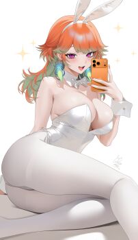 1girl :d absurdres animal_ear_hairband animal_ears arm_behind_back arm_support ass bare_shoulders bow bowtie breasts cellphone cleavage colored_inner_hair detached_collar fake_animal_ears feathers gradient_hair green_feathers green_hair hair_flaps hairband highleg highleg_leotard highres holding holding_phone hololive hololive_english iphone_17_pro large_breasts leotard long_hair looking_at_viewer multicolored_hair oikomia open_mouth orange_hair orange_nails phone playboy_bunny purple_eyes rabbit_ear_hairband rabbit_ears selfie simple_background smartphone smile solo strapless strapless_leotard takanashi_kiara teeth traditional_bowtie upper_teeth_only virtual_youtuber white_background white_bow white_bowtie white_leotard white_wrist_cuffs wrist_cuffs