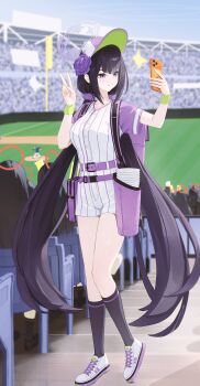 6+girls absurdres baseball_cap baseball_jersey baseball_stadium belt black_hair black_socks blue_archive blurry blurry_background breasts cellphone commentary_request cross-laced_shoes fieryonion flower hair_flower hair_ornament halo hands_up hat highres holding holding_phone iphone jersey justice_task_force_member_(blue_archive) long_hair medium_breasts multiple_girls official_alternate_costume official_alternate_hairstyle outdoors people phone purple_belt purple_eyes selfie shoes short_sleeves sidelocks smartphone smile socks solo_focus standing standing_on_one_leg sumire_(blue_archive) sumire_(part-time)_(blue_archive) twintails uriko_(baseball) v very_long_hair white_shoes wristband