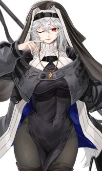 1girl arknights belt black_dress black_pantyhose breasts commentary_request covered_navel dot_nose dress finger_to_mouth fingernails hair_between_eyes holding holding_weapon jewelry large_breasts long_fingernails long_hair long_sleeves moire necklace nun one_eye_closed open_mouth pantyhose pelvic_curtain puffy_sleeves putcho red_eyes revision simple_background specter_(arknights) turtleneck weapon white_background white_hair wide_hips