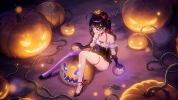 1girl animated bad_tag black_dress black_gloves black_hair black_hairband closed_eyes completely_nude dress elbow_gloves fake_horns gloves hairband highres horns loli monster_girl navel nude official_art open_mouth personification pumpkin purple_thighhighs shoes single_thighhigh slime_girl sonya_(brown_dust_2) sound stomach tagme thigh_strap thighhighs thighs video yuri