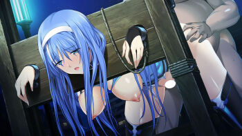 1boy 1girl alice_soft bdsm bent_over blue_eyes blue_hair blush bondage bound bound_wrists breasts bridal_gauntlets censored chain choukou_(alicesoft) choukou_shinki_ixseal dark_skin doggystyle ellis_xillia fat fat_man game_cg hairband hanging_breasts hetero ixseal large_breasts long_hair nipples official_art onigirikun open_mouth pillory rape restrained sex sex_from_behind solo_focus stationary_restraints thighhighs torn_clothes white_hairband
