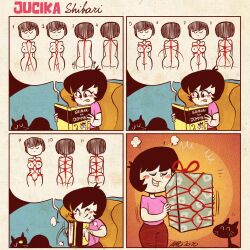 Rule 34 | 1girl, albo, black hair, blue eyeshadow, blush stickers, book, box, breasts, cat, closed eyes, commentary, eyeshadow, for dummies, gift, gift box, grin, highres, holding, holding book, jucika, jucika (comic), large breasts, makeup, motion lines, nipples, one eye closed, reading, red rope, rope, shibari, short hair, signature, smile, tongue, tongue out, toon (style), whiskers, wide hips