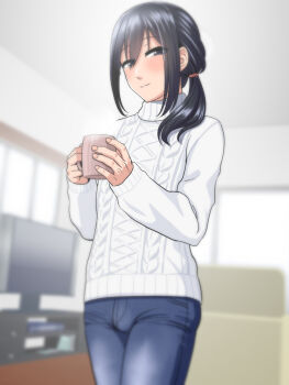 Rule 34 | 1boy, black eyes, black hair, blush, bulge, denim, highres, jeans, long hair, male focus, nagiichi, original, pants, smile, solo, trap