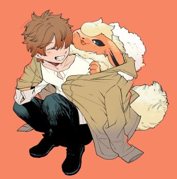 1boy absurdres black_pants black_shoes bright_pupils brown_hair brown_jacket closed_eyes flareon fluffy full_body fur_collar gen_1_pokemon grin highres jacket looking_at_another neck_fur newo_(shinra-p) nintendo one_eye_closed orange_background orange_fur pants pokemon pokemon_(creature) shirt shoes simple_background smile squatting white_pupils white_shirt yellow_fur