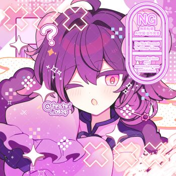 1girl ;o ? ahoge blush commentary_request commission dot_nose double-parted_bangs hair_between_eyes hair_intakes hands_up highres long_hair long_sleeves looking_at_viewer one_eye_closed open_mouth original portrait purple_eyes purple_hair purple_shirt shirocha_tei shirt skeb_commission sleeves_past_fingers sleeves_past_wrists solo sparkle twitter_username watermark