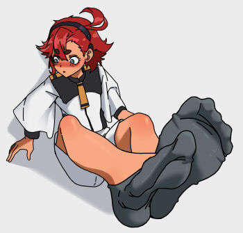 1girl black_socks blue_eyes blush feet gundam gundam_suisei_no_majo highres long_hair looking_to_the_side parted_lips paxa349 red_hair socks soles suletta_mercury toes