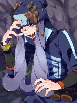 1boy anger_vein blue_jacket blue_skirt bracelet bright_pupils commentary_request diamond_clan_outfit dirty dirty_face grey_eyes hood hood_up hooded_jacket jacket jewelry male_focus melli_(pokemon) miyawaki mud nintendo open_mouth pokemon pokemon_legends:_arceus sidelocks skirt solo teeth tongue white_pupils wristband