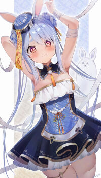 00s1g00 1girl @_@ absurdres animal_ears arms_up bandaged_arm bandages blue_hair blue_hat blush braid breasts chinese_clothes closed_mouth commentary_request cowboy_shot detached_collar don-chan_(usada_pekora) dress hat highres hololive jiangshi_costume long_hair looking_at_viewer official_alternate_costume ofuda rabbit_ears rabbit_girl short_eyebrows small_breasts smile solo tassel thick_eyebrows thigh_gap thigh_strap thighhighs thighs twintails usada_pekora usada_pekora_(jiangshi) very_long_hair virtual_youtuber wavy_mouth white_thighhighs