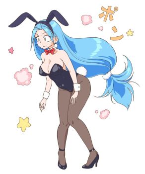 1girl animal_ears black_leotard blue_hair breasts chrono_trigger cleavage detached_collar earrings fake_animal_ears fake_tail full_body green_eyes high_heels jewelry large_breasts leotard long_hair open_mouth playboy_bunny queen_zeal rabbit_ears rabbit_tail s-a-murai solo strapless strapless_leotard tail white_background white_wrist_cuffs wrist_cuffs
