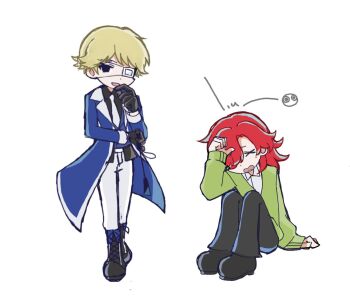 Rule 34 | 2boys, black boots, black eyes, black gloves, black pants, black shirt, black shoes, blonde hair, blue coat, boots, coat, collared shirt, commentary request, dress shirt, eyepatch, full body, gloves, green sweater, griffin stewart, holding, holding riding crop, lace-up boots, medium hair, mole, mole under eye, multiple boys, necktie, oshi no taisetsuna hito ni narikawaru, ozui (ozuizui), pants, puyo (puyopuyo), puyopuyo, red hair, riding crop, shirt, shoes, short hair, simple background, sitting, standing, sweater, tonimura yui, white background, white necktie, white pants, x x