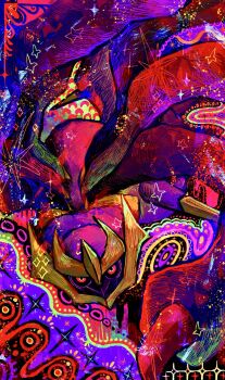 abstract_background black_sclera closed_mouth colored_sclera gen_4_pokemon giratina giratina_(origin) highres legendary_pokemon looking_at_viewer nintendo no_humans otonoha_aika pokemon pokemon_(creature) pokemon_focus red_eyes solo spikes wings