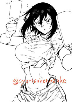 1girl black_hair food groin hitomi-chan_wa_hitomishiri natsumi_chorisuke navel open_fly popsicle short_shorts shorts tagme takano_hitomi