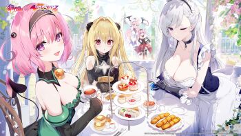 5girls absurdres apron arch arm_up azur_lane bat_wings belfast_(azur_lane) biscuit_(bread) black_dress black_hairband blonde_hair braid breasts broken broken_chain butter chain chair cleavage cleavage_cutout closed_mouth clothing_cutout collar commentary cookie copyright_name copyright_notice creamer_(vessel) cup day demon_tail dessert detached_collar detached_sleeves dress english_commentary floral_arch flower food fork frilled_gloves frills from_above fruit gazebo gloves hair_intakes hair_ribbon hairband hairpods hand_on_own_hip hat highres holding holding_cup holding_teapot kat_(bu-kunn) knife konjiki_no_yami lala_satalin_deviluke large_breasts leaf leaning_forward long_hair looking_at_viewer low_neckline maid maid_apron maid_headdress momo_velia_deviluke multicolored_dress multiple_girls nana_asta_deviluke napkin official_art one_eye_closed open_mouth outdoors pancake pastry pillar pink_eyes pink_hair plate purple_eyes red_eyes red_skirt ribbon sandwich saucer short_hair shoulder_cutout siblings side_ahoge sisters sitting skirt sleeves_past_wrists small_breasts smile spoon syrup table tablecloth tail tea tea_set teacup teapot thighhighs tiered_tray to_love-ru twintails two_side_up very_long_hair white_hair white_hat wings