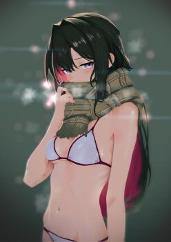 1girl alternate_costume azki_(hololive) bikini black_hair blush breasts breath brown_scarf cleavage cohi27151463 colored_inner_hair covered_mouth hair_between_eyes hair_intakes halterneck highres hololive jitome long_hair looking_at_viewer medium_breasts mole mole_under_eye multicolored_hair navel pink_hair plaid_clothes plaid_scarf purple_eyes scarf scarf_over_mouth solo stomach streaked_hair string_bikini swimsuit virtual_youtuber white_bikini white_hair