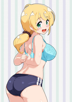 1girl arms_behind_back ass blonde_hair blue_bra blue_buruma blue_shorts blush bra breasts buruma ellen_baker from_behind green_eyes johnko_ large_breasts long_hair looking_back low_ponytail mizusaki_johnko new_horizon open_mouth ponytail removing_bra scrunchie short_shorts shorts smile solo standing underwear