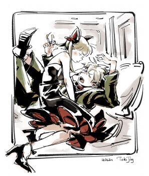 Rule 34 | 1boy, 1girl, artist name, bare arms, bare shoulders, black dress, black jacket, black pants, black shoes, blonde hair, blush, border, bow, bowtie, breasts, dated, dress, full body, furrowed brow, grey hair, hair between eyes, hair bow, hand in another's hair, high heels, highres, jacket, long hair, maka albarn, medium breasts, nose pinch, open mouth, pants, pillow, reclining, red bow, red bowtie, red dress, sharp teeth, shoes, short hair, sitting, soul eater, soul evans, strapless, strapless dress, suit jacket, teeth, tokiijayy, twintails, two-sided dress, two-sided fabric, white border