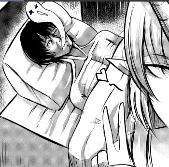 1boy 1girl closed_eyes commentary den_kun69 english_commentary fleurdelys_(wuthering_waves) giving_up_the_ghost guy_tired_after_sex_(meme) heart horns implied_after_sex long_hair looking_at_viewer male_rover_(wuthering_waves) meme pillow pointy_ears rover_(wuthering_waves) under_covers v wuthering_waves