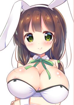 Rule 34 | 1girl, animal ears, blush, breasts, brown hair, gochiusa bunnysuit, gochuumon wa usagi desu ka?, green eyes, kurou (quadruple zero), leotard, official alternate costume, playboy bunny, rabbit ears, solo, ujimatsu chiya, white leotard, wrist cuffs