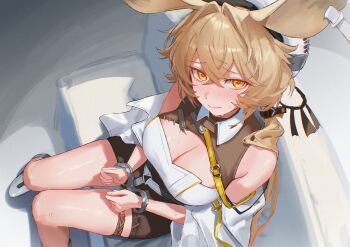 1girl absurdres animal_ears arknights blonde_hair blush breasts brown_shorts cleavage commentary cuffs dorothy_(arknights) english_commentary from_above handcuffs highres large_breasts long_hair looking_at_viewer mouse_ears mouse_girl restrained shirt shorts sitting solo thigh_strap thighs uof very_long_hair white_shirt