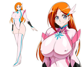 1girl bleach boots breasts elbow_gloves fingerless_gloves gloves grey_eyes highleg highleg_leotard inoue_orihime large_breasts leotard orange_hair pink_gloves pink_leotard pink_thighhighs smile thigh_boots thighhighs warabimochii
