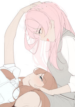 2girls bang_dream! bang_dream!_it&#039;s_mygo!!!!! blue_eyes blush brown_hair chihaya_anon commentary fang grey_eyes hand_on_another&#039;s_head highres kebohan lap_pillow long_hair looking_at_another multiple_girls nagasaki_soyo open_mouth pink_hair shirt short_sleeves simple_background skin_fang three-quarter_sleeves unfinished white_background white_shirt yuri