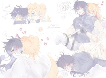 2boys 7veilsnodance animal_ears blonde_hair blue_eyes blue_hair blush cat_ears cat_tail chibi chibi_inset closed_mouth commentary dog_ears dog_tail fish flins_(genshin_impact) genshin_impact heart highres male_focus multiple_boys speech_bubble symbol-only_commentary tail teeth thigh_strap thought_bubble varka_(genshin_impact) watermark yaoi yellow_eyes