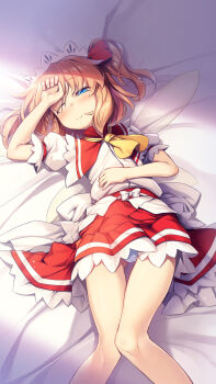 1girl arm_up bed blonde_hair blue_eyes blush chima_q clothes_lift commentary_request fairy fairy_wings gluteal_fold half-closed_eye hand_on_own_head hand_on_own_stomach highres loli long_hair lying maid_headdress on_back one_eye_closed panties panty_peek red_skirt shirt short_sleeves skirt skirt_lift smile solo sunny_milk thigh_gap thighs touhou twintails underwear white_panties white_shirt wings