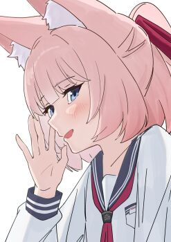 1girl :d \||/ animal_ear_fluff animal_ears black_sailor_collar blue_archive blue_eyes blunt_bangs blush commentary fox_ears fox_girl from_side hair_ribbon half_updo hand_up highres long_sleeves looking_at_viewer medium_hair neckerchief niko_(blue_archive) open_mouth pink_hair ponytail red_neckerchief red_ribbon ribbon sailor_collar school_uniform serafuku shirt short_ponytail smile solo sueoki_makura upper_body white_shirt