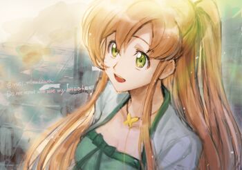 1girl breasts butterfly_necklace code_geass green_eyes jewelry long_hair necklace open_mouth orange_hair rahit shirley_fenette side_ponytail smile solo teeth upper_body upper_teeth_only visible_ears