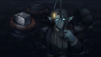 1boy anglerfish_boy black_coat black_hair blue_eyes blue_sclera blue_skin br_not_here coat colored_sclera colored_skin commentary computer english_commentary extra_eyes fangs grin highres illicium innertube lifebuoy looking_at_viewer male_focus merman monitor monster_boy ocean outdoors painter_(pressure) partially_submerged pressure_(roblox) roblox sebastian_solace short_hair skin_fangs smile swim_ring tearing_up water