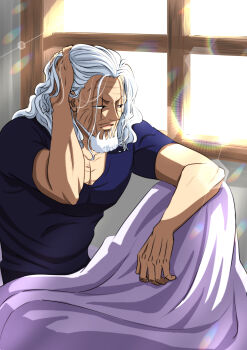 Rule 34 | 1boy, beard, blue shirt, commentary request, facial hair, highres, long hair, looking outside, male focus, mature male, morning, musasabiop, old, old man, one piece, parted lips, pectoral cleavage, pectorals, shirt, short sleeves, silvers rayleigh, solo, sunlight, waking up, white hair, window