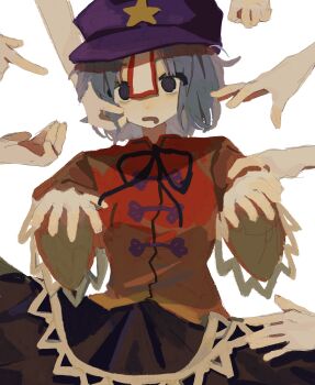 Rule 34 | 1girl, 6+others, absurdres, black ribbon, blue hair, chinese commentary, commentary request, cowboy shot, drooling, hat, hat ornament, highres, jiangshi, lace-trimmed sleeves, lace trim, long sleeves, looking at viewer, miyako yoshika, mouth drool, multiple others, neck ribbon, newsboy cap, ofuda, open mouth, outstretched arms, purple hat, red shirt, ribbon, seiryo0425, shirt, simple background, solo focus, star (symbol), star hat ornament, touhou, white background, zombie pose