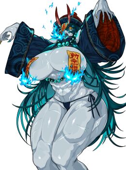 1girl abs absurdres bead_necklace beads blue_shirt breasts burning burning_paper chinese_clothes covered_erect_nipples demon_horns green_nails hat highres horns huge_breasts jewelry jiangshi long_hair muscular muscular_female necklace ofuda open_mouth original pale_skin panties scar scar_on_breasts scar_on_leg scar_on_stomach shirt string_panties tears thick_thighs thighs underwear very_long_hair warawaranka white_background yellow_eyes yellow_nails
