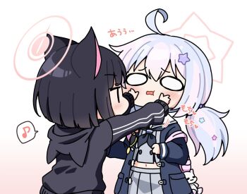 Rule 34 | 2girls, :t, ahoge, backpack, bag, black hoodie, black jacket, black neckerchief, blue archive, blue hair, blunt bangs, blunt ends, blush, bob cut, cheek pinching, chibi, chibi only, commentary, cowboy shot, furrowed brow, grey serafuku, grey shirt, grey skirt, hair between eyes, hair ornament, halo, heart, highres, hood, hood down, hoodie, jacket, kazusa (blue archive), long hair, looking at another, low twintails, medium hair, midriff, multicolored hair, multiple girls, musical note, navel, neckerchief, o o, open clothes, open jacket, open mouth, outstretched arms, pinching, pink hair, pink halo, pleated skirt, reisa (blue archive), sailor collar, school uniform, serafuku, shirt, simple background, skirt, sleeves past wrists, sound effects, speech bubble, spoken musical note, star (symbol), star hair ornament, star halo, streaked hair, suwa yasai, twintails, two-tone hair, wavy mouth, white background, white sailor collar, | |