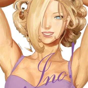Rule 34 | !, 1girl, alternate costume, alternate hairstyle, armpits, arms up, artist name, bleeehrghw, blue eyes, bra, breasts, character name, commentary, curly hair, dollar sign, earrings, english commentary, eyelashes, hair over one eye, highres, ibispaint (medium), jewelry, looking at viewer, medium breasts, naruto (series), portrait, purple bra, simple background, smile, solo, stud earrings, teeth, underwear, white background, yamanaka ino