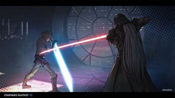 2boys alteredbits battle energy_sword cloud_strife cosplay darth_vader darth_vader_(cosplay) energy_sword final_fantasy final_fantasy_vii highres holster indoors long_hair multiple_boys sephiroth star_wars sword sword_fight very_long_hair weapon