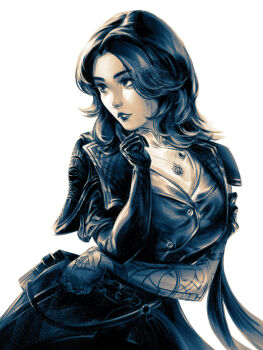 1girl black_gloves black_hair clair_obscur:_expedition_33 cowboy_shot gloves greyscale hanaphi_m highres jacket jewelry lips long_hair looking_to_the_side lune_(clair_obscur:_expedition_33) monochrome necklace nose remembering simple_background solo white_background