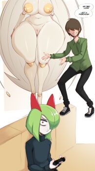 1girl 2boys black_pants breasts clothed_male_nude_female constricted_pupils gen_3_pokemon gen_7_pokemon green_shirt grey_hair head_out_of_frame huge_breasts kirlia long_hair multiple_boys navel nintendo nipples nude pants pheromosa pokemon pokemon_(creature) pussy red_eyes saltyxodium shirt speech_bubble standing sweat sweater tall_female turtleneck turtleneck_sweater ultra_beast uncensored upper_body very_long_hair white_hair wide_hips