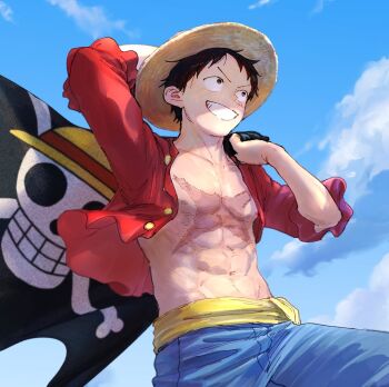 Rule 34 | 1boy, abs, arm up, black hair, blue shorts, blue sky, cloud, cloudy sky, collarbone, commentary request, cowboy shot, cross scar, facial scar, flag, grin, hat, he yo boy1221, highres, holding, holding flag, jolly roger, male focus, monkey d. luffy, one piece, open clothes, open shirt, outdoors, pectorals, red shirt, sash, scar, scar on cheek, scar on face, shirt, short hair, shorts, sky, smile, solo, straw hat, straw hats jolly roger, yellow sash