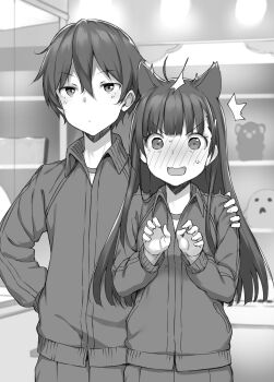Rule 34 | 1boy, 1girl, absurdres, animal ears, blush, brother and sister, brother and step-sister, cat ears, claw pose, commentary request, double-parted bangs, full-face blush, greyscale, hair between eyes, hand on another's arm, hands up, highres, irido mizuto, irido yume, jacket, kemonomimi mode, long hair, looking at viewer, mamahaha no tsurego ga moto kano datta, monochrome, novel illustration, official art, open mouth, short hair, siblings, step-brother and step-sister, step-siblings, takayaki, track jacket, v-shaped eyebrows, wide-eyed, wing collar