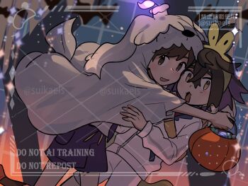 Rule 34 | 2boys, applin, black hair, blueberry academy school uniform, brown eyes, brown hair, commentary request, cosplay, crossed bangs, florian (pokemon), gen 8 pokemon, greavard, greavard (cosplay), hairband, halloween, halloween bucket, halloween costume, highres, hug, jacket, kieran (pokemon), multicolored hair, multiple boys, necktie, nintendo, open mouth, pokemon, pokemon sv, purple hair, purple necktie, purple shorts, school uniform, sheet ghost, shorts, suikaels, surprised, two-tone hair, uva academy school uniform, white jacket, white shorts, yellow eyes, yellow hairband