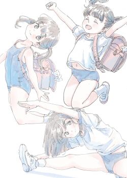 Rule 34 | 3girls, absurdres, ankle socks, backpack, bag, blue buruma, blunt bangs, blush, breasts, brown eyes, brown hair, buruma, cameltoe, charm (object), commentary request, dot nose, feet out of frame, full body, highres, kneeling, long hair, looking at viewer, midriff peek, multiple girls, multiple views, old school swimsuit, open mouth, original, outstretched arms, poranka (porankaran), randoseru, red bag, school bag, school swimsuit, shirt, shoes, short hair, simple background, small breasts, smile, sneakers, socks, solo, spread legs, stretching, swept bangs, swimsuit, twintails, uwabaki, white background, white shirt, white shoes, white socks