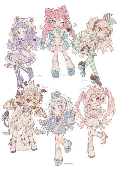Rule 34 | 6+girls, animal ear headphones, animal ears, apron, artist name, back bow, bat wings, black nails, black shoes, blonde hair, blue eyes, blue jacket, blue shoes, bow, braid, candle, candy, cat tail, character name, chocolate, chocolate heart, commentary request, cookie, demon tail, dress, drill hair, envelope, fake animal ears, food, ghost, gloves, hair ornament, hairclip, halo, hand on own hip, hat, headphones, headset, heart, heart-shaped food, heart hair ornament, highres, holding, holding envelope, jacket, licking lips, long hair, long sleeves, loose socks, mini wings, multicolored hair, multiple girls, one eye closed, purple dress, purple hair, purple shoes, rabbit hair ornament, red eyes, shoes, socks, standing, standing on one leg, stitched leg, stitches, streaked hair, striped clothes, striped leggings, striped thighhighs, tail, thighhighs, tongue, tongue out, twin braids, twin drills, twintails, uekura eku, vertical-striped leggings, white background, white bow, white gloves, white hat, wings, x hair ornament